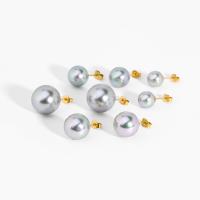 Stainless Steel Stud Earrings 304 Stainless Steel with Freshwater Pearl Vacuum Ion Plating fashion jewelry & for woman grey Sold By Pair