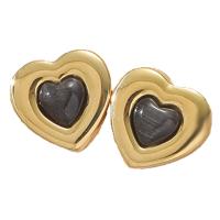 Boucle d'oreille de gaujon en acier inoxydable, Acier inoxydable 304, coeur, pour femme, doré, 10x11mm, Vendu par paire