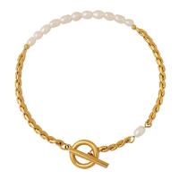 Titanium Steel Bracelet & Bangle with Freshwater Pearl Vacuum Ion Plating for woman golden Length Approx 17 cm Sold By PC