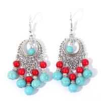 Tibetan Style Drop Earrings, with turquoise, silver color plated, vintage & fashion jewelry & for woman, nickel, lead & cadmium free, 70x30mm, Sold By Pair