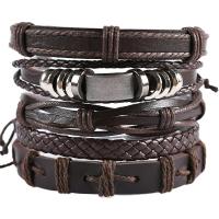 Cowhide Bracelet, with PU Leather & Wax Cord & Tibetan Style, handmade, 5 pieces & fashion jewelry & Unisex, coffee color, Length:18-30 cm, Sold By Set