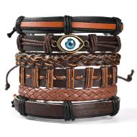 Cowhide Bracelet, with PU Leather & Tibetan Style, handmade, 6 pieces & fashion jewelry & Unisex & evil eye pattern, two different colored, Length:18-30 cm, Sold By Set