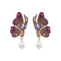 Zinklegierung Ohrringe, mit Kunststoff Perlen, Schmetterling, goldfarben plattiert, für Frau & mit Strass, keine, frei von Nickel, Blei & Kadmium, 26x58mm, verkauft von Paar