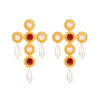 Zinc Alloy Drop Earrings with Plastic Pearl Cross gold color plated for woman & with rhinestone nickel lead & cadmium free Sold By Pair