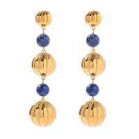 Boucles d'oreilles pendantes en laiton, avec Lapis lazuli, Placage de couleur d'or, Vintage & pour femme, 18x76mm, Vendu par paire