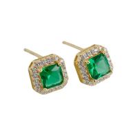 Brass Stud Earring Square gold color plated micro pave cubic zirconia & for woman Sold By Pair