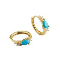 Brass Huggie Hoop Earring, with turquoise, Teardrop, plated, micro pave cubic zirconia & for woman, more colors for choice, 13x11.30mm, Sold By Pair