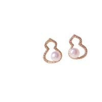 Freshwater Pearl Earrings, with 14K Gold, 925 sterling silver post pin, 14K gold plated, Natural & fashion jewelry & for woman & with rhinestone, two different colored, 5-6mm, Sold By Pair