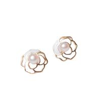 Freshwater Pearl Earrings, with 14K Gold, Rose, 14K gold plated, Natural & fashion jewelry & for woman & enamel, two different colored, 6-7mm, Sold By Pair