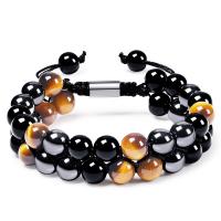 Natural Tiger Eye Bracelets with Knot Cord & Black Magnetic Stone & Black Agate handmade Double Layer & fashion jewelry & Unisex 16mm Length Approx 7.5-11.8 Inch Sold By PC