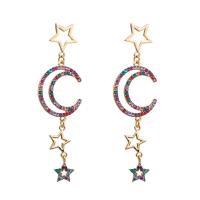 Zinc Alloy Drop Earrings Moon and Star gold color plated for woman & with rhinestone & hollow nickel lead & cadmium free Sold By Pair