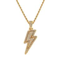 Brass Necklace, with 304 Stainless Steel Chain, Lightning Symbol, plated, French Rope Chain & Unisex & micro pave cubic zirconia, more colors for choice, 20x50mm, Length:Approx 24 Inch, Sold By PC