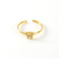 Partículas de aço Cuff Ring Finger, Borboleta, 18K banhado a ouro, ajustável & para mulher & com strass, 7x6mm, vendido por PC