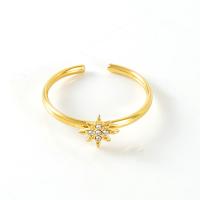 Titanium Steel Cuff Finger Ring, Eight Point Star, 18K gold plated, adjustable & for woman & with rhinestone, 12mm, Sold By PC