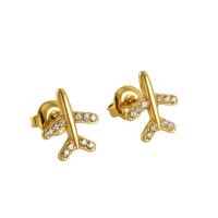 Titanium Steel Stud Earring Airplane 18K gold plated Unisex & with rhinestone Sold By Pair