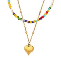 Mode-Multi-Layer-Halskette, Titanstahl, mit Kristall & Kunststoff Perlen, mit Verlängerungskettchen von 5cm, Herz, Doppelschicht & für Frau, 13x15mm, Länge:ca. 40 cm, ca. 46 cm, verkauft von PC