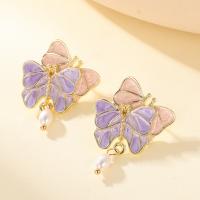 Zinc Alloy Stud Earring with Plastic Pearl Butterfly gold color plated fashion jewelry & for woman nickel lead & cadmium free Sold By Pair
