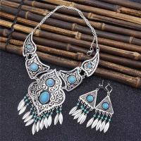 Tibetan Style Jewelry Sets, earring & necklace, with turquoise, with 5cm extender chain, antique silver color plated, 2 pieces & fashion jewelry & Bohemian style & for woman, nickel, lead & cadmium free, 7.4x3.1cm, Length:Approx 35 cm, Sold By Set