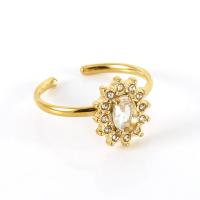 Titanium Steel Cuff Finger Ring Flower 18K gold plated adjustable & micro pave cubic zirconia & for woman Sold By PC