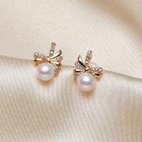Freshwater Pearl Earrings, with Brass, 925 sterling silver post pin, gold color plated, Natural & fashion jewelry & for woman & with rhinestone, two different colored, 6-7mm, Sold By Pair