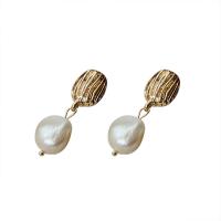 Freshwater Pearl Earrings, with Brass, 925 sterling silver post pin, 14K gold plated, Natural & fashion jewelry & for woman, two different colored, 34x12mm, Sold By Pair