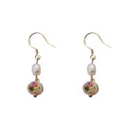 Freshwater Pearl Earrings, with Lampwork & Brass, 925 sterling silver earring hook, 14K gold plated, Natural & fashion jewelry & for woman, more colors for choice, 37x8mm, Sold By Pair