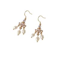 Freshwater Pearl Earrings, with Brass, 925 sterling silver post pin, 14K gold plated, Natural & fashion jewelry & micro pave cubic zirconia & for woman, two different colored, 46x13mm, Sold By Pair