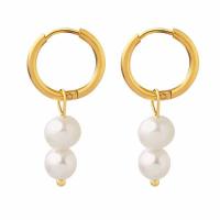Titanium Steel  Earring, with Freshwater Pearl, Round, Vacuum Ion Plating, for woman, 15x34mm, Sold By Pair