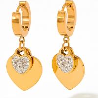 Stainless Steel Drop Earring 304 Stainless Steel Heart plated fashion jewelry & with rhinestone golden Sold By Pair