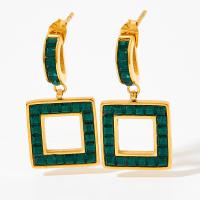 Stainless Steel Drop Earring 304 Stainless Steel Square plated with rhinestone green Sold By Pair