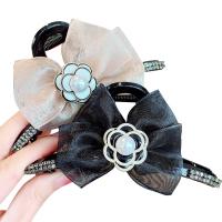 Gauze Hair Claw Clip with Plastic Pearl & Zinc Alloy bowknot design & for woman & with rhinestone 110mm Sold By PC