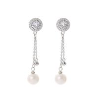 Brass Drop Earring, with Plastic Pearl, platinum plated, micro pave cubic zirconia & for woman, 9x44mm, Sold By Pair