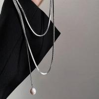 Sweater Chain Necklace Titanium Steel with Shell Pearl polished fashion jewelry & for woman original color Length Approx 90 cm Sold By PC