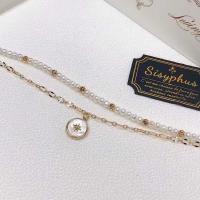 Bracelet en perles de culture d'eau douce, perle d'eau douce cultivée, avec coquille blanche & alliage de zinc, Placage de couleur d'or, Double couche & bijoux de mode & pour femme, blanc, 3-4mm, Longueur:Environ 7 pouce, Vendu par PC