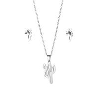 Fashion Stainless Steel Jewelry Sets, Stud Earring & necklace, 304 Stainless Steel, Opuntia Stricta, 2 pieces & fashion jewelry & for woman, silver color, Length:Approx 17.72 Inch, Sold By Set