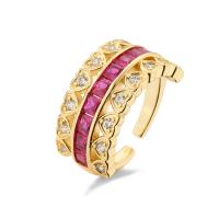 Messing Manchet Finger Ring, Hart, echt goud verguld, verstelbaar & micro pave zirconia & voor vrouw, meer kleuren voor de keuze, 11mm, Maat:6.5-9, Verkocht door PC