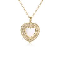 Brass Necklace with White Shell & Plastic Pearl with 2inch extender chain Heart real gold plated & micro pave cubic zirconia & for woman Length Approx 17.7 Inch Sold By PC