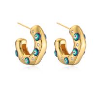 Brass Stud Earring Evil Eye real gold plated for woman & enamel & with rhinestone Sold By Pair