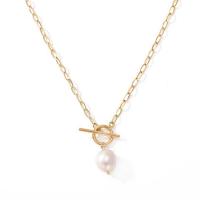 316 Stainless Steel Necklace with Freshwater Pearl 14K gold plated cross chain & fashion jewelry & for woman Length Approx 16.5 Inch Sold By PC