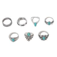 Ensemble d’anneau en alliage de zinc, avec turquoise, poli, 7 pièces & bijoux de mode & pour femme, deux couleurs différentes, protéger l'environnement, sans nickel, plomb et cadmium, Vendu par fixé