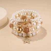 Nakit Kompleti, Plastična Pearl, s Staklene perle & Cink Alloy, zlatna boja pozlaćen, 4 komada & modni nakit & elastična & za žene, više boja za izbor, nikal, olovo i kadmij besplatno, Dužina Približno 7.1 inčni, Prodano By Set