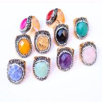 Natural Gemstone Finger Ring, Natural Stone, with Rhinestone Clay Pave & Brass, Oval, gold color plated, Adjustable & different materials for choice & Unisex & faceted, more colors for choice, nickel, lead & cadmium free, 30mm, Inner Diameter:Approx 20mm, Sold By PC
