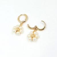 Huggie Hoop Drop Earring Brass with Plastic Pearl Flower gold color plated cute & for woman white nickel lead & cadmium free 20-30mm Sold By Pair