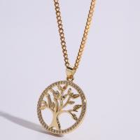 Tree Of Life Necklace, Brass, Round, Vacuum Ion Plating, fashion jewelry & micro pave cubic zirconia, golden, nickel, lead & cadmium free, 24mm, Length:50 cm, Sold By PC