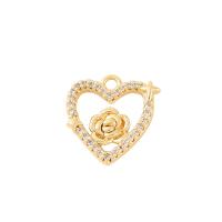 Brass Heart Pendants gold color plated DIY & with flower pattern & micro pave cubic zirconia & hollow Sold By PC