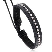 PU Leather Cord Bracelets, with Wax Cord & Iron, Adjustable & fashion jewelry & Unisex, black, 10mm, Length:17-18 cm, Sold By PC