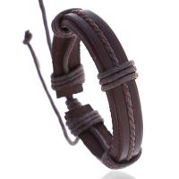 Pulseira de couro, corda de Couro de vaca, with Fio de cera, feito à mão, Ajustável & joias de moda & unissex, marrom, 12mm, comprimento 17-18 cm, vendido por PC