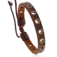 Pulseira de couro, corda de Couro de vaca, with Fio de cera & ferro, feito à mão, Ajustável & joias de moda & unissex, marrom, 8mm, comprimento 17-18 cm, vendido por PC