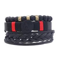 PU Leather Cord Bracelets, with Wax Cord & Wood & Tibetan Style, handmade, three pieces & fashion jewelry & Unisex, black, 79x95mm, Sold By Set