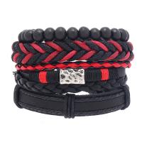 PU Leather Cord Bracelets, with Wax Cord & Wood & Tibetan Style, handmade, 4 pieces & fashion jewelry & Unisex, black, 79x95mm, Sold By Set
